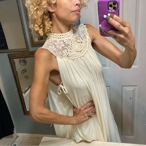 Vintage crochet Grecian goddess draped handkerchief empire dress maxi macrame S